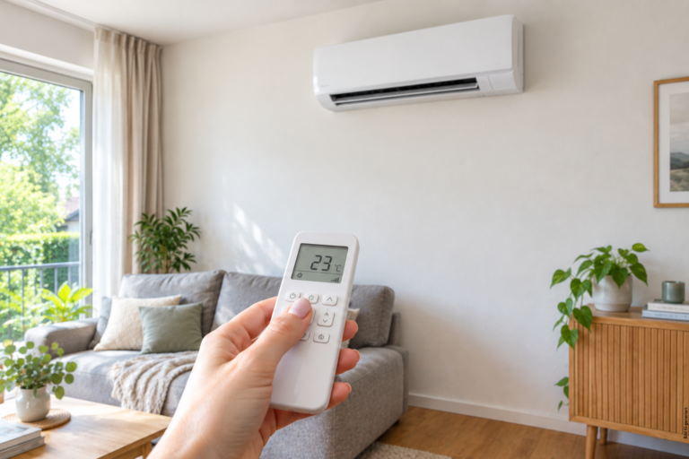 Moderne weiße Split-Klimaanlage in einem hellen deutschen Wohnzimmer; eine Hand hält eine Fernbedienung mit 23 °C, im Hintergrund sind Sofa, Möbel und grünes Gartenlaub durch das Fenster zu sehen.